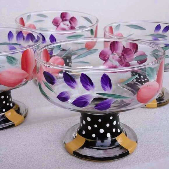 Whimsical Set of 4 Hand Painted Flowers Glass Dessert, Compote, Ice Cream Bowls - Picture 9 of 10